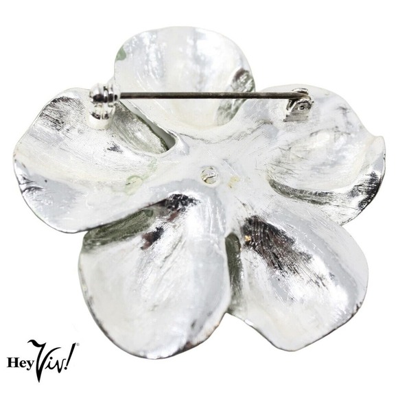 Vintage Shimmer Green Curvy Metal Flower Pin Brooch w Rhinestones 2.25"- Hey Viv - Picture 3 of 6